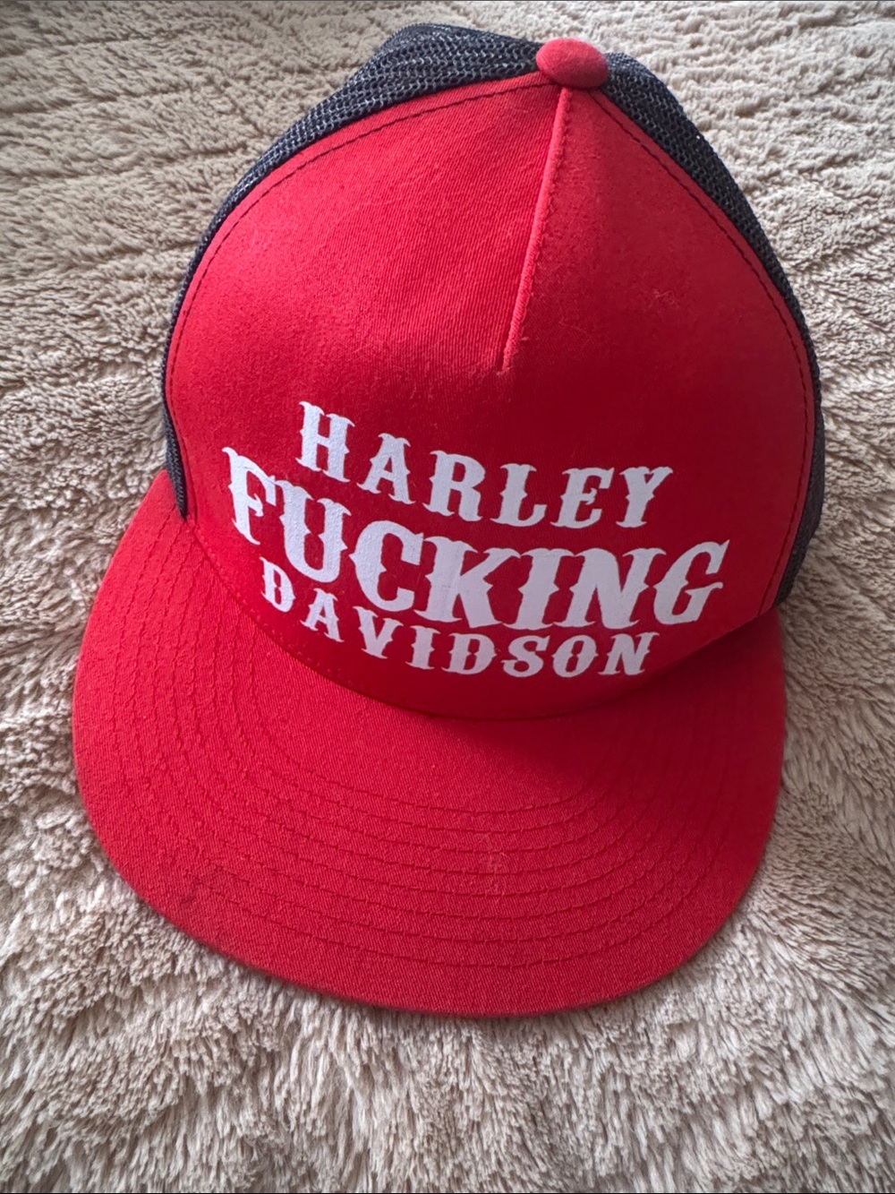 Harley-Davidson Red and Black Mesh Trucker Hat with White Script